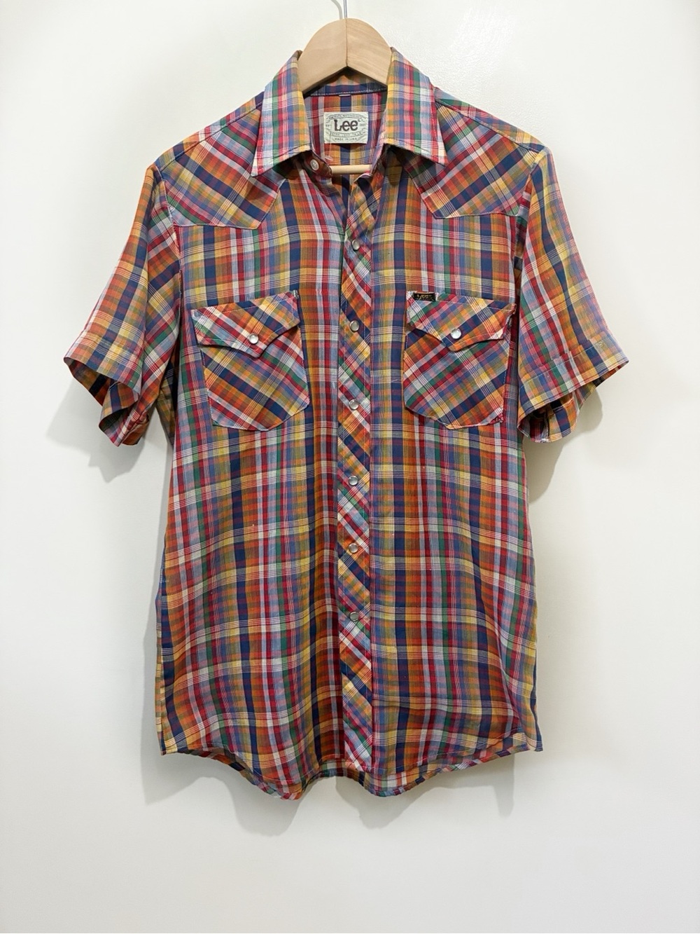 Vintage 70s Lee Western Pearl Snap Plaid Short Sleeve Shirt Made in USA Medium